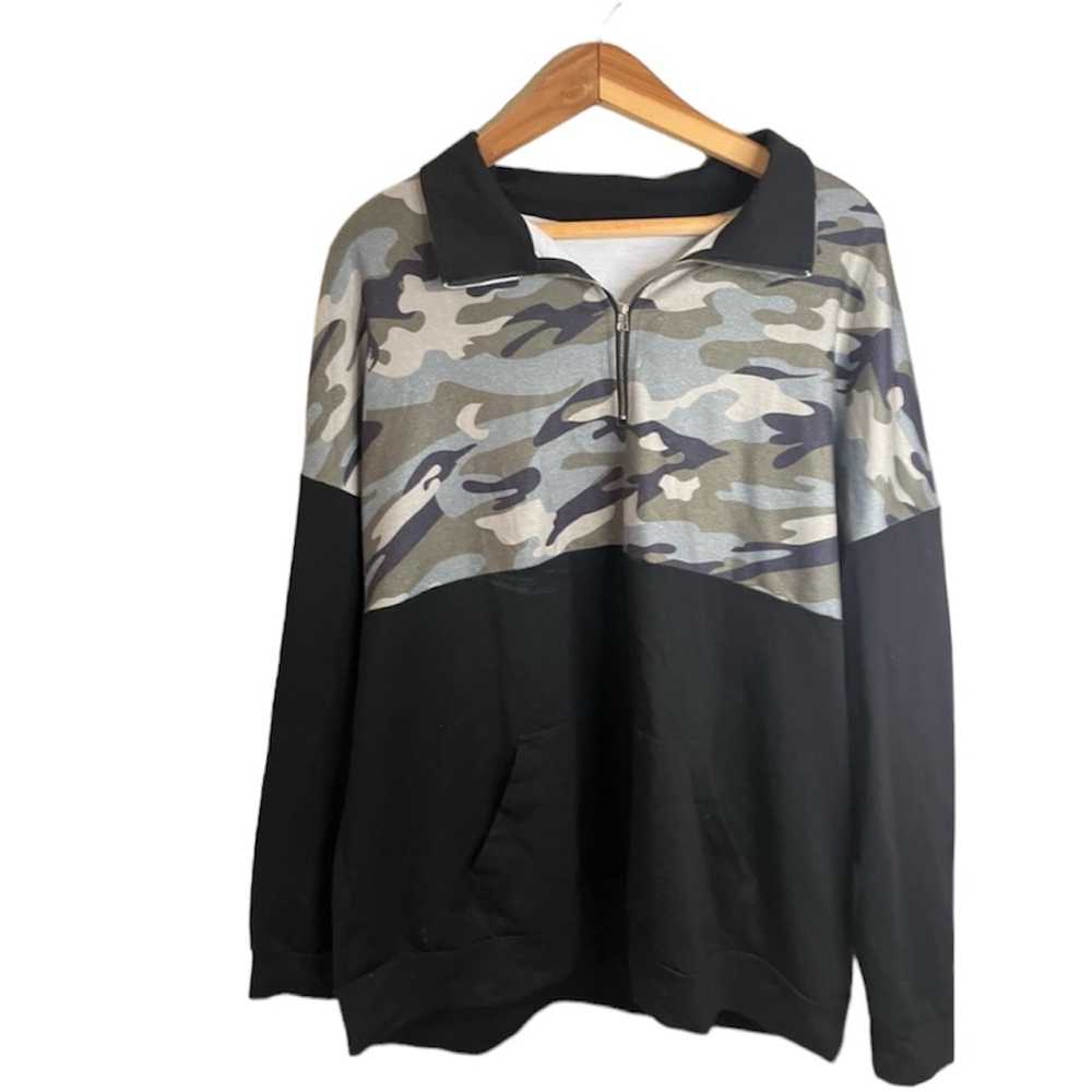 Camo Colorblock Half-Zip Pullover Sweatshirt - Black